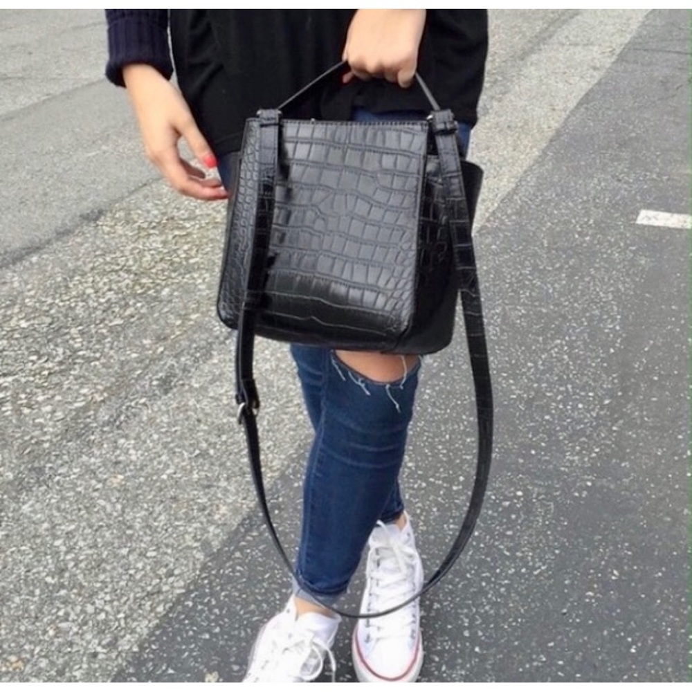 Zara Black Faux Croc Square Bucket Bag